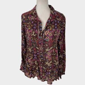 Maeve Anthropologie Burgundy Multicolor Floral Ruffle Hem Blouse Oversized Women